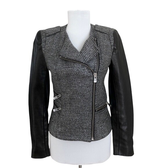 Maje Moto Jacket size 2 Leather Sleeve Silver Metallic Black Remeur Wool tweed - Picture 1 of 10